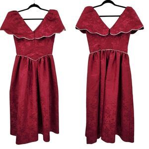 Vtg 80s Handmade Red Floral Jacquard Dress Sz M Fit & Flare Victorian Revival